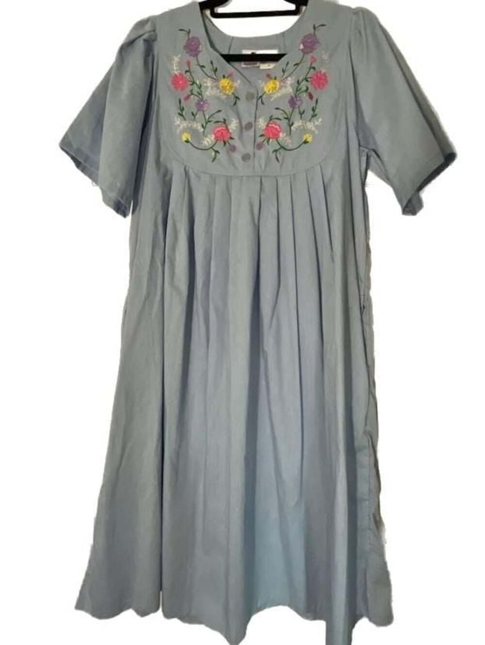 Granada Vintage Blue Embroidered Floral House Dress Muu Muu with Pockets